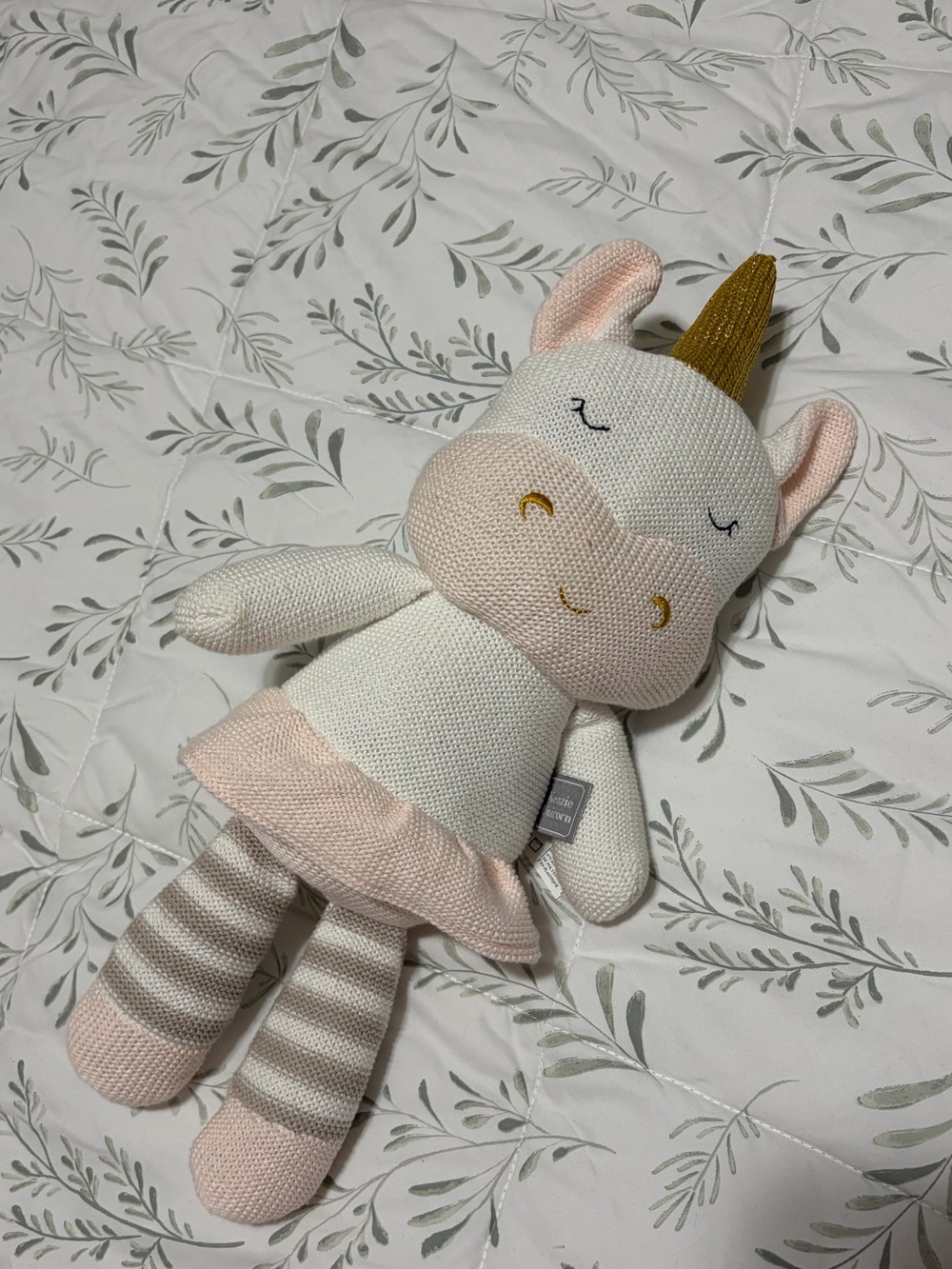 Kenzie The Unicorn By Living Textiles Cotton Knit Built In Rattle Pink White Fun